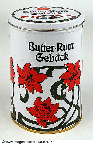 SG hist.  Lebensmittel  GebÃ¤ck  WeiÃŸblech-GebÃ¤ckdose Butter-Rum-GebÃ¤ck  Hersteller: VEB FeingebÃ¤ck Stolberg/Harz fÃ¼r das DDR-Handelsunternehmen Delikat  DDR  1981 SG hist., Lebensmittel, GebÃ¤ck, WeiÃŸblech-GebÃ¤ckdose Butter-Rum-GebÃ¤ck, Hersteller: VEB FeingebÃ¤ck Stolberg/Harz fÃ¼r das DDR-Handelsunternehmen Delikat, DDR, 1981,