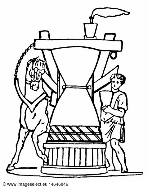 SG hist.  Lebensmittel  Mehl  rotierende MÃ¼hle in einer rÃ¶mischen BÃ¤ckerei  angetrieben von einem Pferd  1. Jahrhundert n.Chr.  Zeichnung  20. Jahrhundert