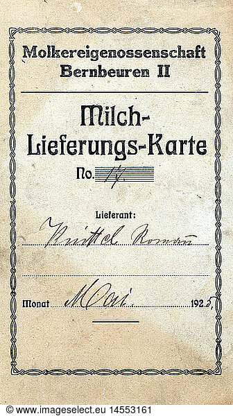 SG hist.  Lebensmittel  Milch  Milchlieferungskarte  Molkereigenossenschaft Bernbeuren II  Mai 1925