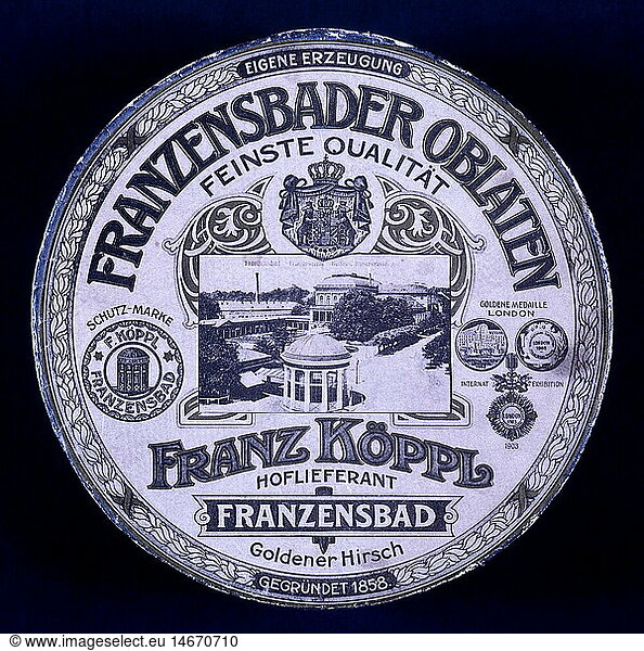 SG hist.  Lebensmittel  SÃ¼ÃŸwaren  Franzbader Oblaten  Etikett  Firma Franz KÃ¶ppl  um 1910