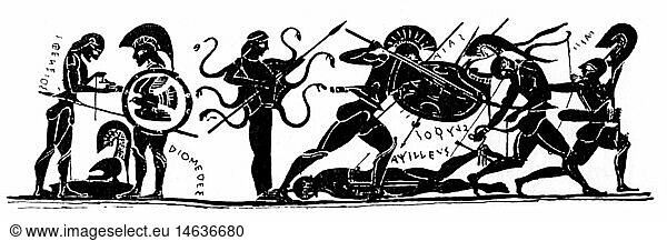 SG hist.  Literatur  Antike  griechische Mythologie  Ilias  Kampf um die Leiche des Achilleus  nach schwarzfiguriger Vasenmalerei  7. - 5. Jahrhundert v.Chr.