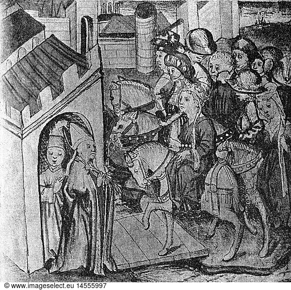 SG hist.  Literatur  Die Nibelungen  Kriemhild wird zu KÃ¶nig Etzel gefÃ¼hrt  Illustration aus Hundeshagenschen Handschrift B  Augsburg  um 1436 - 1442