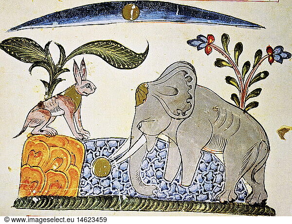 SG hist  Literatur  Fabeln  Der Hase und der ElefantenkÃ¶nig  islamische Miniatur  Kalila wa Dimna  Syrien  1354