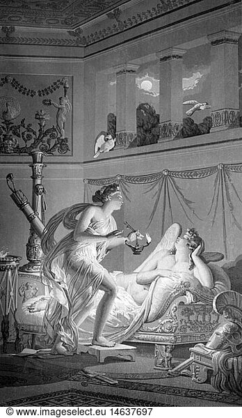 SG hist.  Literatur  Griechische Mythologie  Amor und Psyche  aus: Apuleius (um 123 - nach 170)  'Metamorphosen'  nach Wandteppich von Dufour  1815 / 1816