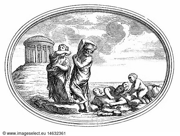 SG hist.  Literatur  Griechische Mythologie  Deukalion und Pyrrha  nach Pietro da Cortona (1596 / 1597 - 1669)  Kupferstich  17. Jahrhundert