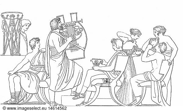SG hist.  Literatur  Griechische Mythologie  Odyssee  Phemios singt vor den Freiern der Penelope  Zeichnung von John Flaxman (1755 - 1826)  um 1810