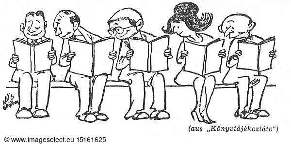 SG hist.  Literatur  Karikatur  Leser  Zeichnung aus: 'KÃ¶nyvtajekoztato'  Ungarn  1968