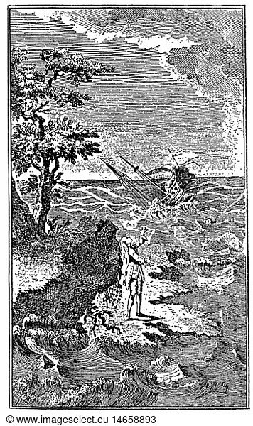 SG hist.  Literatur  Robinson Crusoe von Daniel Defoe (1660 - 1731)  Illustration  Robinson betet nach seiner Rettung vom Sturm  Vignette  Kupferstich aus einer franzÃ¶sischen Ausgabe  1768