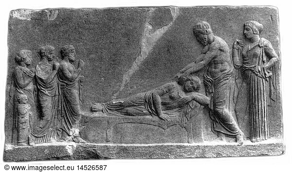 SG hist.  Medizin  Antike  Tempelschlaf im Asklepieion  Asklepios heilt Patientin durch BerÃ¼hrung  Marmorrelief  PirÃ¤us