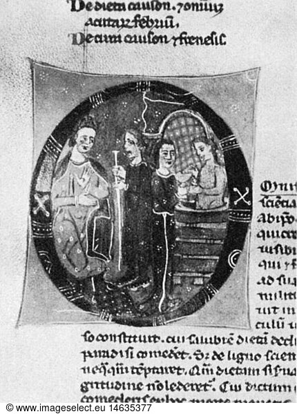 SG hist.  Medizin  Behandlung  HeilbÃ¤der  Arzt verordnet heilendes Bad  Miniatur  aus Werk des Konstantin der Afrikaner (1017 - 1087)  14. Jahrhundert  Nationalbibliothek  Paris