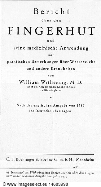 SG hist.  Medizin  FachbÃ¼cher  'Bericht Ã¼ber den Fingerhut' von William Withering (1741 - 1799)  Titelblatt  deutsche Ausgabe  Mannheim  1925