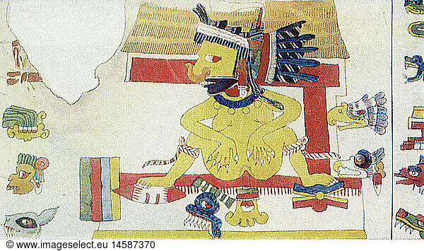 SG hist.  Medizin  Geburt / GynÃ¤kologie  aztekische GÃ¶ttin Tlacolteotl bei der Niederkunft  kolorierte Zeichnung  Codex Vaticanus B  Bibliothek des Vatikan