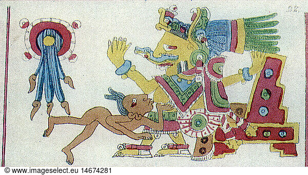 SG hist.  Medizin  Geburt / GynÃ¤kologie  aztekische Mutter stillt ihr Baby  kolorierte Zeichnung  Codex Borgia  Apostolische Bibliothek  Vatikan