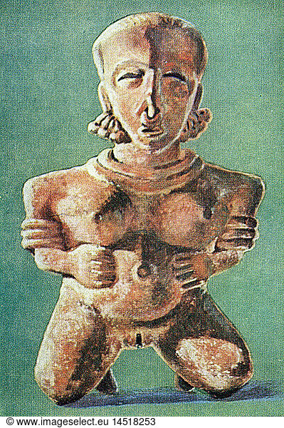 SG hist.  Medizin  Geburt / GynÃ¤kologie  aztekische Schwangere bei der Geburt  nach Skulptur  kolorierte Zeichnung