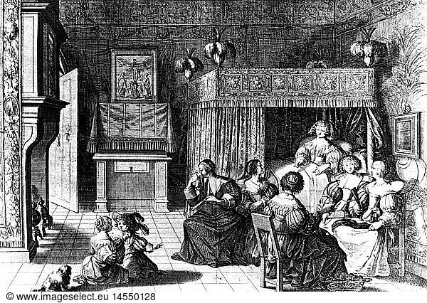 SG hist.  Medizin  Geburt / GynÃ¤kologie  Besucher bei Mutter im Kindbett  Kupferstich von Abraham Bosse (um 1604 - 1676)  17. Jahrhundert  Nationalbibliothek  Paris