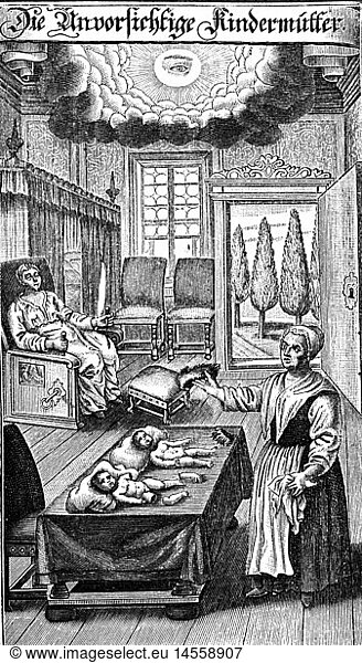 SG hist.  Medizin  Geburt / GynÃ¤kologie  deutsche Hebamme  Kupferstich  aus: Johann Christoph Ettner (1654 - 1725)  'Des Getreuen Eckharts Unvorsichtige Heb-Amme'  Leipzig  1715