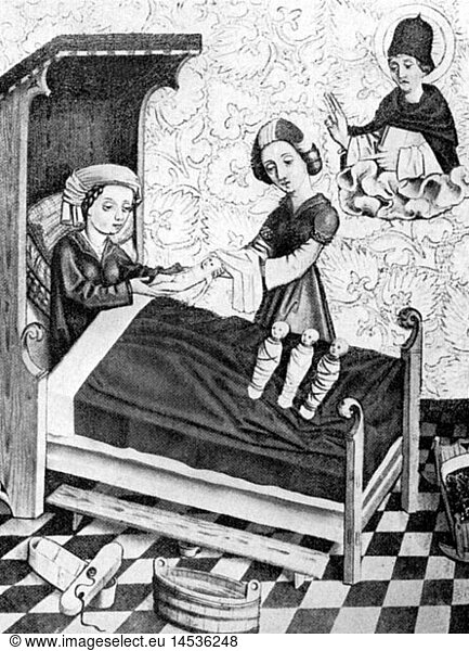 SG hist.  Medizin  Geburt / GynÃ¤kologie  Geburt von Vierlingen  GemÃ¤lde auf Holz  Oberrhein  1401 / 1500