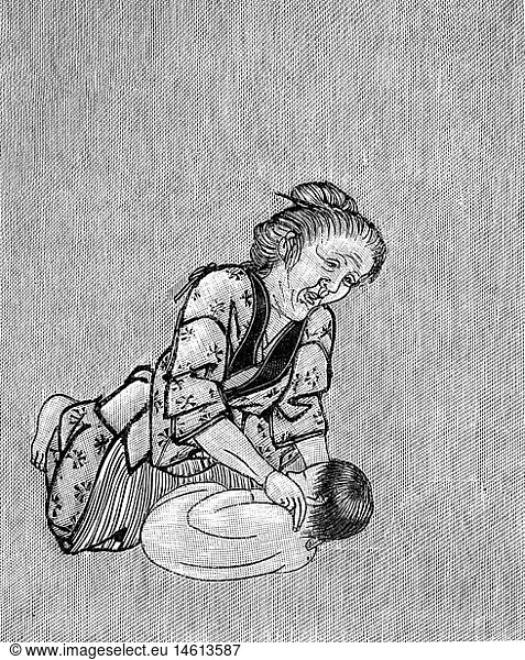SG hist.  Medizin  Geburt / GynÃ¤kologie  japanische Hebamme mit Baby  nach japanischem Holzschnitt  Xylografie  um 1900