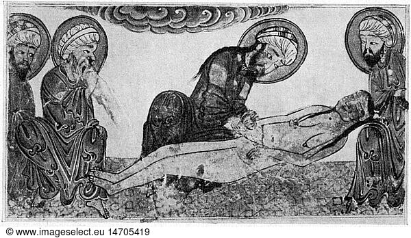 SG hist.  Medizin  Geburt / GynÃ¤kologie  Kaiserschnitt an einer Toten  Miniatur  aus: Al-Biruni (973 - 1048)  'Athar al-baqiya'  1307 / 1308  UniversitÃ¤tsbibliothek  Edinburgh