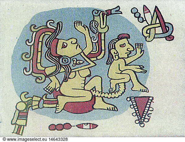 SG hist.  Medizin  Geburt / GynÃ¤kologie  mixtekische Schwangere mit Neugeborenem  kolorierte Zeichnung  Codex Zouche-Nuttall  14. Jahrhundert  British Museum  London