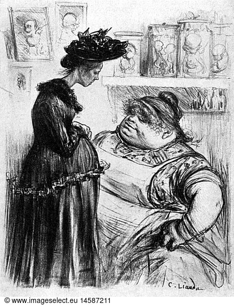 SG hist.  Medizin  Geburt / GynÃ¤kologie  Schwangere bei einer Engelmacherin  von Charles Leandre (1862 - 1934)  Lithografie  19. Jahrhundert