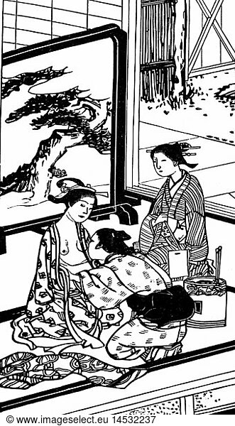 SG hist.  Medizin  Geburt / GynÃ¤kologie  schwangere Japanerin bekommt Leibbinde angelegt  nach japanischem Holzschnitt  Xylografie  um 1900