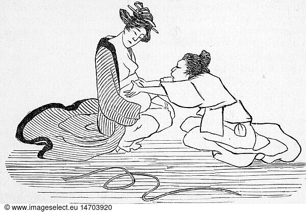 SG hist.  Medizin  Geburt / GynÃ¤kologie  schwangere Japanerin wird massiert  nach japanischem Holzschnitt  Xylografie  um 1900