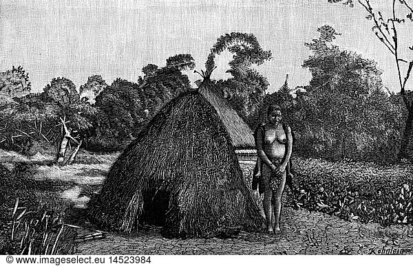 SG hist.  Medizin  Geburt / GynÃ¤kologie  Schwangere vom Stamm der Ukinga neben GebÃ¤rhÃ¼tte  Malawisee  Ostafrika  nach Fotografie  Xylografie von C.KÃ¶hnlein  um 1900