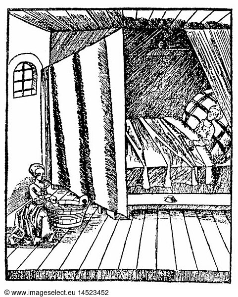 SG hist.  Medizin  Geburt / GynÃ¤kologie  WÃ¶chnerin  Holzschnitt  aus: Gregor Reisch (um 1470 - 1525)  'Margarita Philosophica'  Druck: Johann Schott  Freiburg  1504