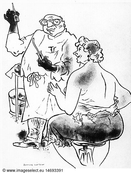 SG hist.  Medizin  Geburten / GynÃ¤kologie  kÃ¼nstliche Befruchtung  Zeichnung von Josef Sauer (1893 - 1967)  aus: 'Simplicissimus'  MÃ¼nchen  1956