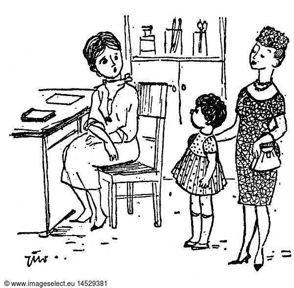 SG hist.  Medizin  Karikatur  'Bitte das Kind messen  wiegen und eine Einweisung in das Sanatorium ausschreiben'  Zeichnung von Jadwiga Iwaskiewicz  aus: 'Sluzba Zdrowia'  1964