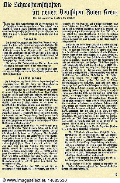 SG hist.  Medizin  Organisationen  Rotes Kreuz  Deutschland  Deutsches Rotes Kreuz  Artikel 'Die Schwesternschaften im neuen Deutschen Roten Kreuz'  von Generaloberin Luise von Oertzen  1938