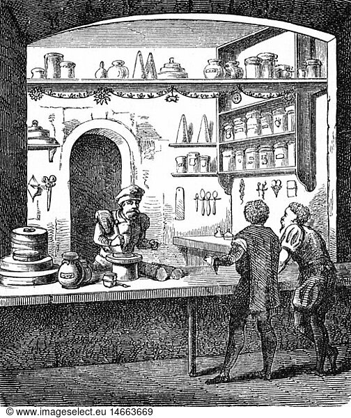 SG hist.  Medizin  Pharmazie  Apotheken  Verkaufsraum  Holzschnitt  16. Jahrhundert
