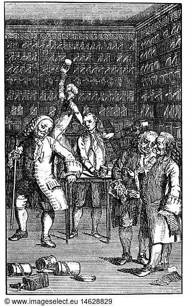 SG hist.  Medizin  Pharmazie  Apotheken  Visitation mit Vernichtung beanstandeter Medikamente  Kupferstich  um 1760