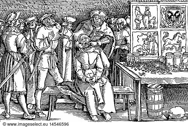 SG hist.  Medizin  Zahnmedizin  Zahnarzt bei Behandlung  Holzschnitt  aus: Franceso Petrarca (1304 - 1374)  'Trostspiegel in GlÃ¼ck und UnglÃ¼ck'  Druck: Heinrich Steiner  Augsburg  1531