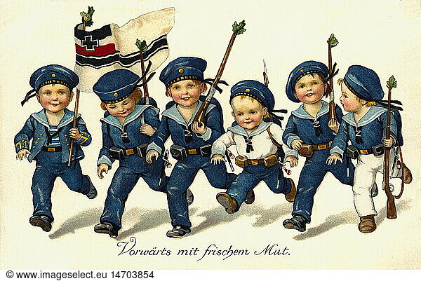 SG hist.  MilitÃ¤r  Marine  Propaganda  sechs Jungen und MÃ¤dchen  laufen mit Reichskriegsflagge der Marine  patriotische Postkarte  Deutschland  um 1910