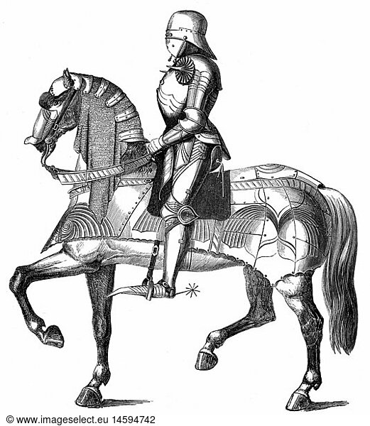 SG hist.  MilitÃ¤r  Mittelalter  Ritter im Harnisch  15. Jahrhundert  Xylografie  19. Jahrhundert