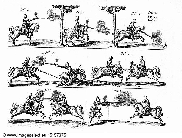 SG hist.  MilitÃ¤r  Ritter mit Schusswaffen  Kupferstich  Illustration aus 'Kriegskunst zu Pferdt'  von Johann Jacob von Wallhausen  Frankfurt am Main  1616