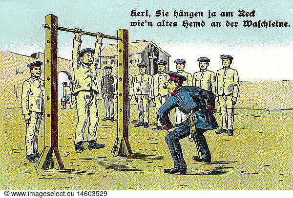 SG hist.  MilitÃ¤r  Soldaten  Drill auf dem Kasernenhof  deutsche Soldaten beim Sport  Karikatur  Deutschland  um 1914