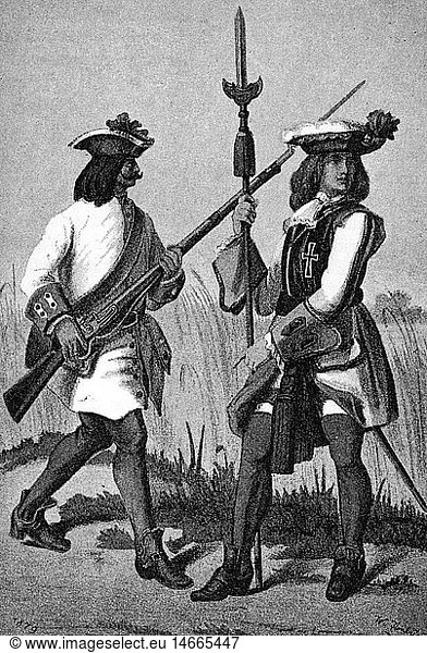 SG hist.  MilitÃ¤r  Ã–sterreich  Infanterie  Regiment 'Pfalz-Neuburg-Teutschmeister'  Musketier & Offizier (Obristwachtmeister)  um 1710  Historienbild  Zeichnung  19. Jahrhundert