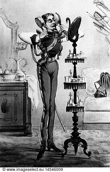 SG hist.  MilitÃ¤r  Uniformen  Karikatur  'Uniform-Fetischismus'  Zeichnung von Arkner  um 1900