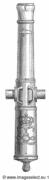 SG hist.  MilitÃ¤r  Waffen und RÃ¼stungen  frz. Kanonenrohr aus der Zeit Ludwigs XV.  18. Jahrhundert  Xylografie  19. Jahrhundert