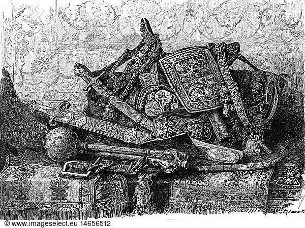 SG hist.  MilitÃ¤r  Waffen und RÃ¼stungen  GÃ¼rtel  Reitzeug und Waffen  circa 18. Jahrhundert  Xylografie nach GemÃ¤lde von Hugo Charlemont  Ende 19. Jahrhundert