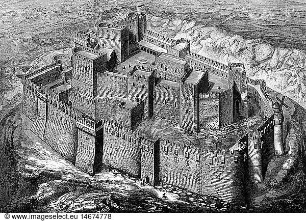 SG hist.  Mittelalter  Architektur  Burgen  Crac des Chevaliers  Syrien  Rekonstruktion  Xylografie  19. Jahrhundert