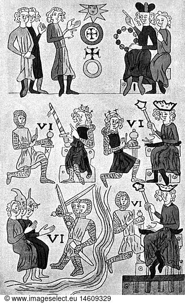 SG hist.  Mittelalter  Dokumente  Heidelberger Sachsenspiegel  um 1300  mittelalterliches Recht  Szenen