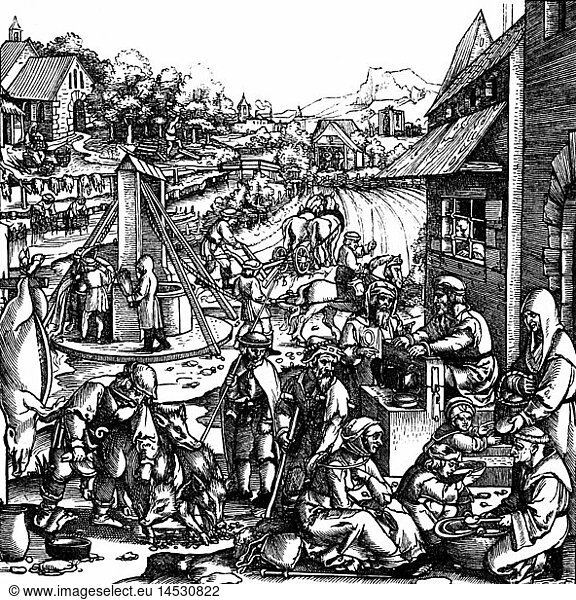 SG hist.  Mittelalter  Gesellschaft  Leben im Dorf  Holzschnitt von Hans Sebald Beham (1500 - 1550)