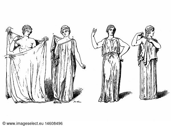 SG hist.  Mode  Antike  weibliche Kleidung  Xylografie  aus: Jakob von Falke  'Hellas und Rom'  Stuttgart  1879