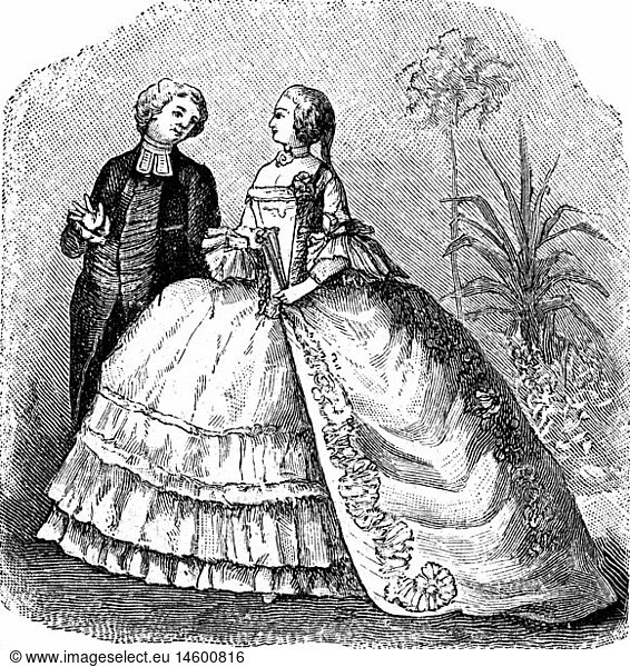 SG hist.  Mode  18. Jahrhundert  Frau im Ballkleid  nach GemÃ¤lde von Gabriel de Saint-Aubin  18. Jahrhundert  Xylografie  19. Jahrhundert