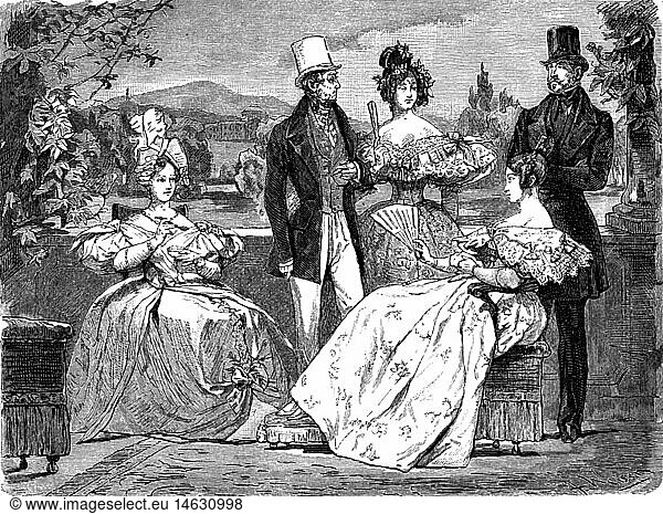 SG hist.  Mode  19. Jahrhundert  Frauen in Kleidern mit Dekollete  Xylografie von Weise  Modezeitschrift  Wien  um 1835