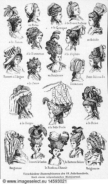 SG hist.  Mode  18. Jahrhundert  verschiedene Damenfrisuren  aus einer Modezeitschrift  18. Jahrhundert